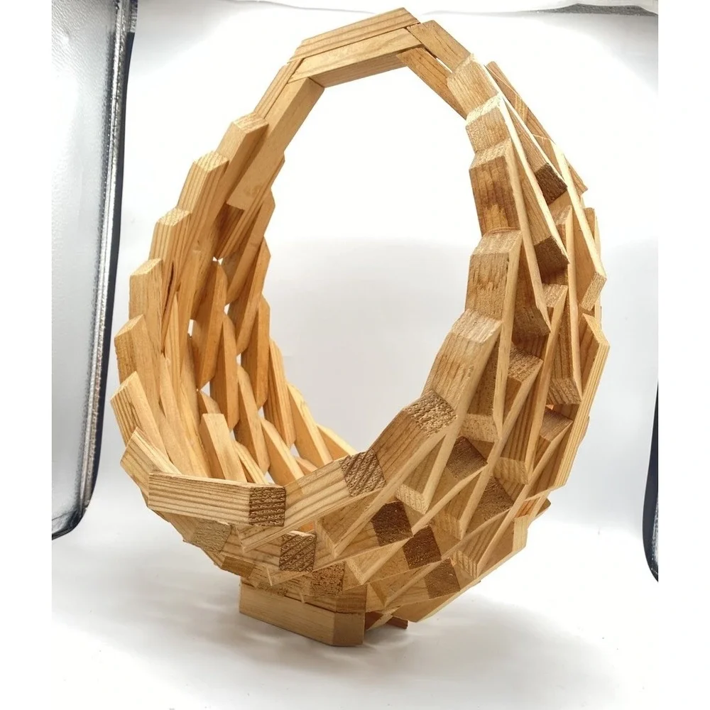 Vintage MCM Handmade Wood Geometric Block‎ Basket Bowl Mid Century Decor